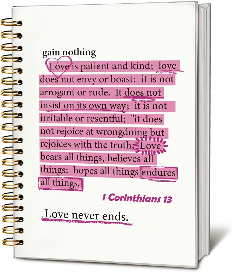 WLIANG Pink Christian Notebook, 1 Corinthians 13 Christian Journal for Women, Scripture Notebook, Bible Journal Notebook, Bible Journaling Notebook, Hardcover Spiral Notebook Journal 5.5x8.3 Inch - Image 1
